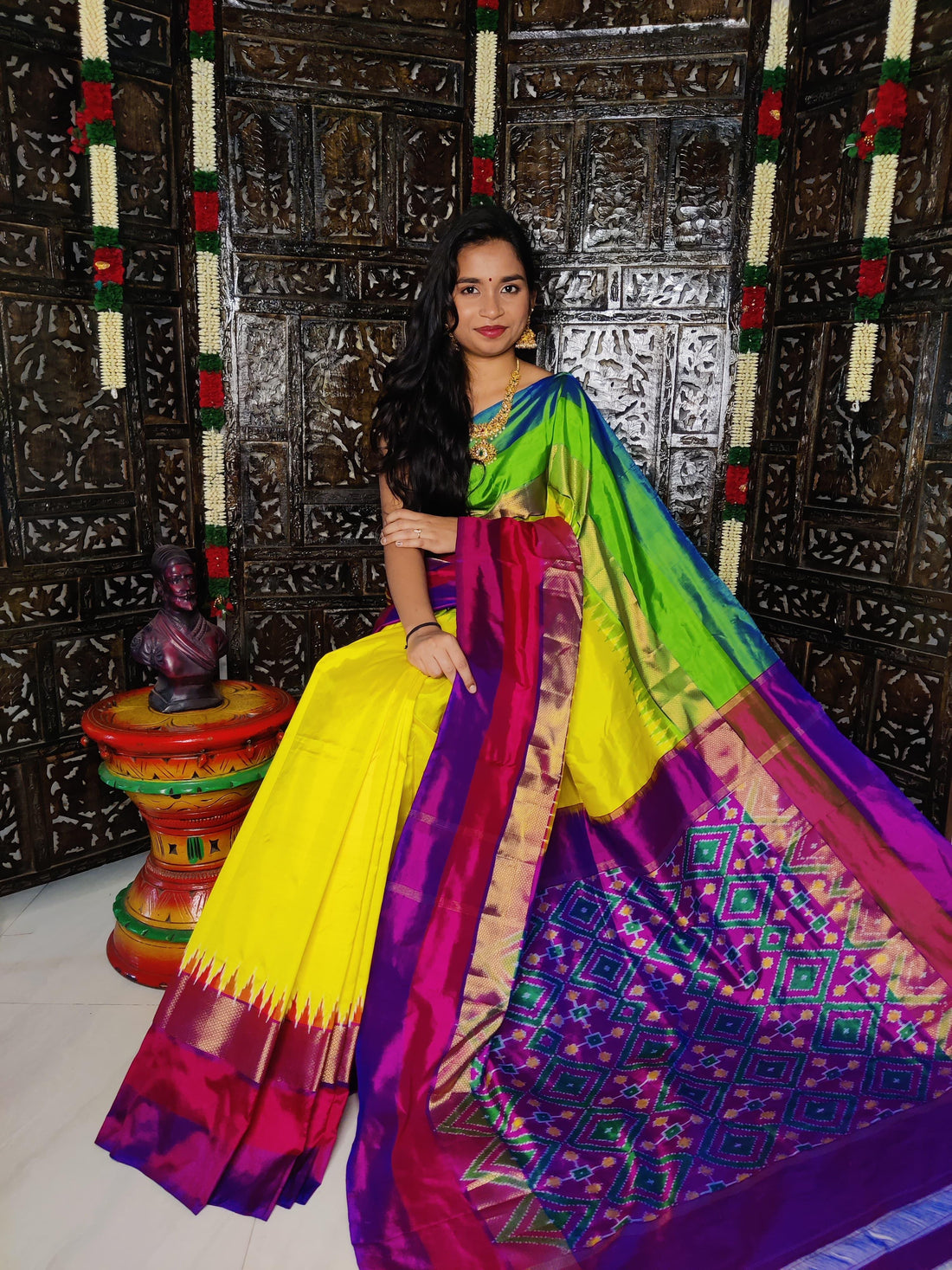 Pochampally Ikkat Silk yellow Purple - pochampallysarees.com
