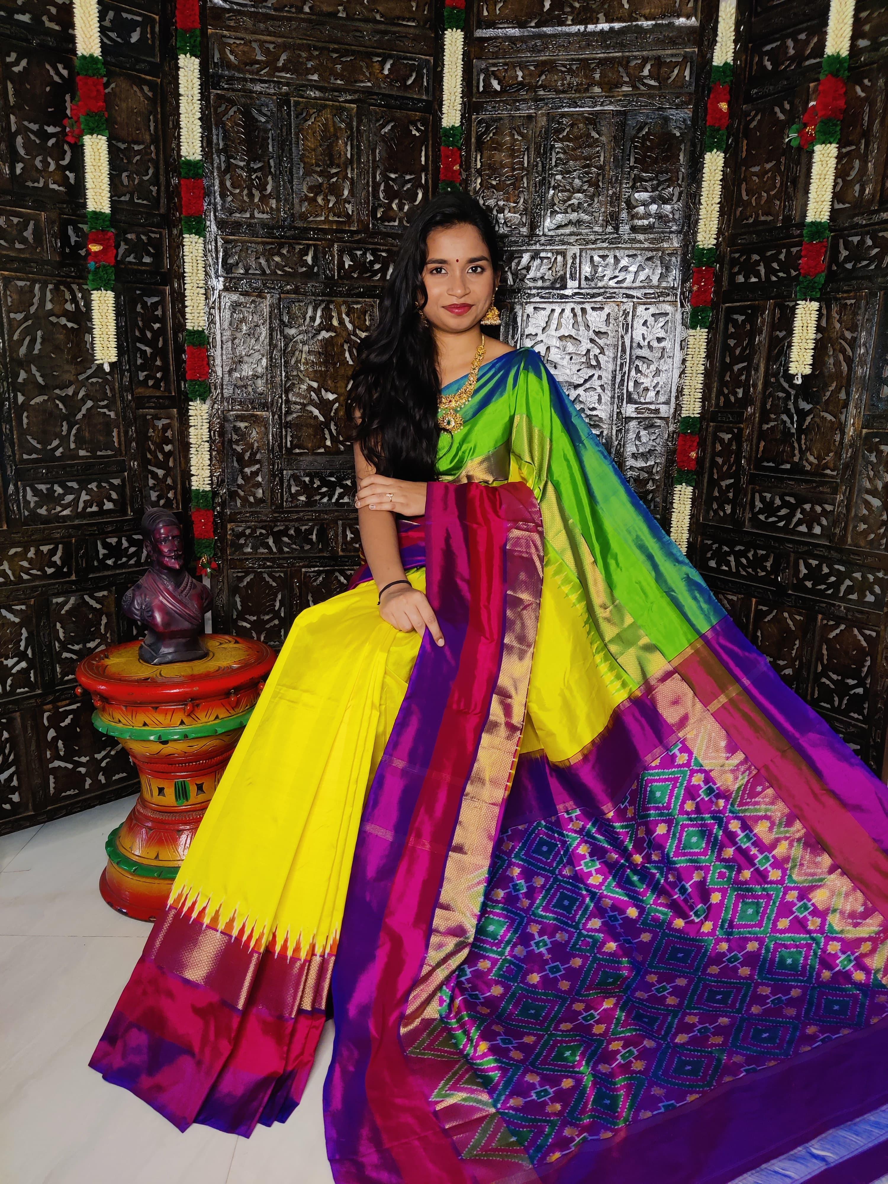Pochampally Ikkat Silk yellow Purple - pochampallysarees.com