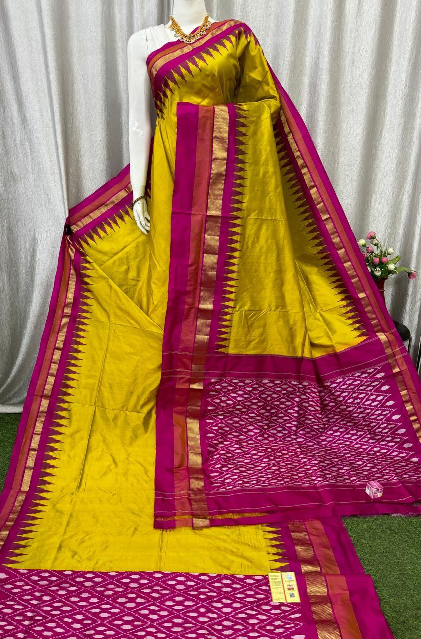 Pochampally Semi Silk Saree Yellow Pink - pochampallysarees.com