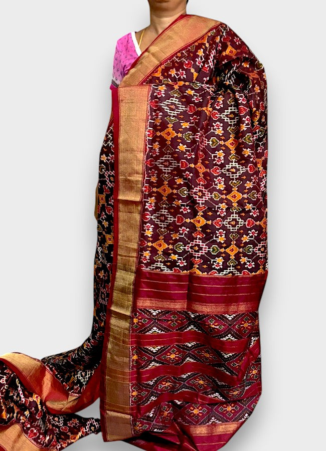 Pochampally Ikat Silk Patola Chocolate Red Sari