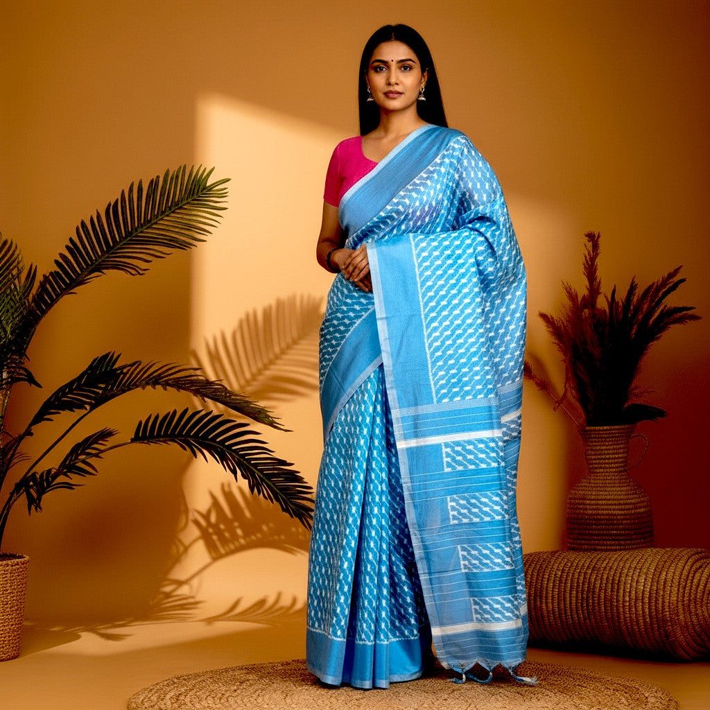 pochampally-ikkat-silk-blue-sari-pochampallysarees.com