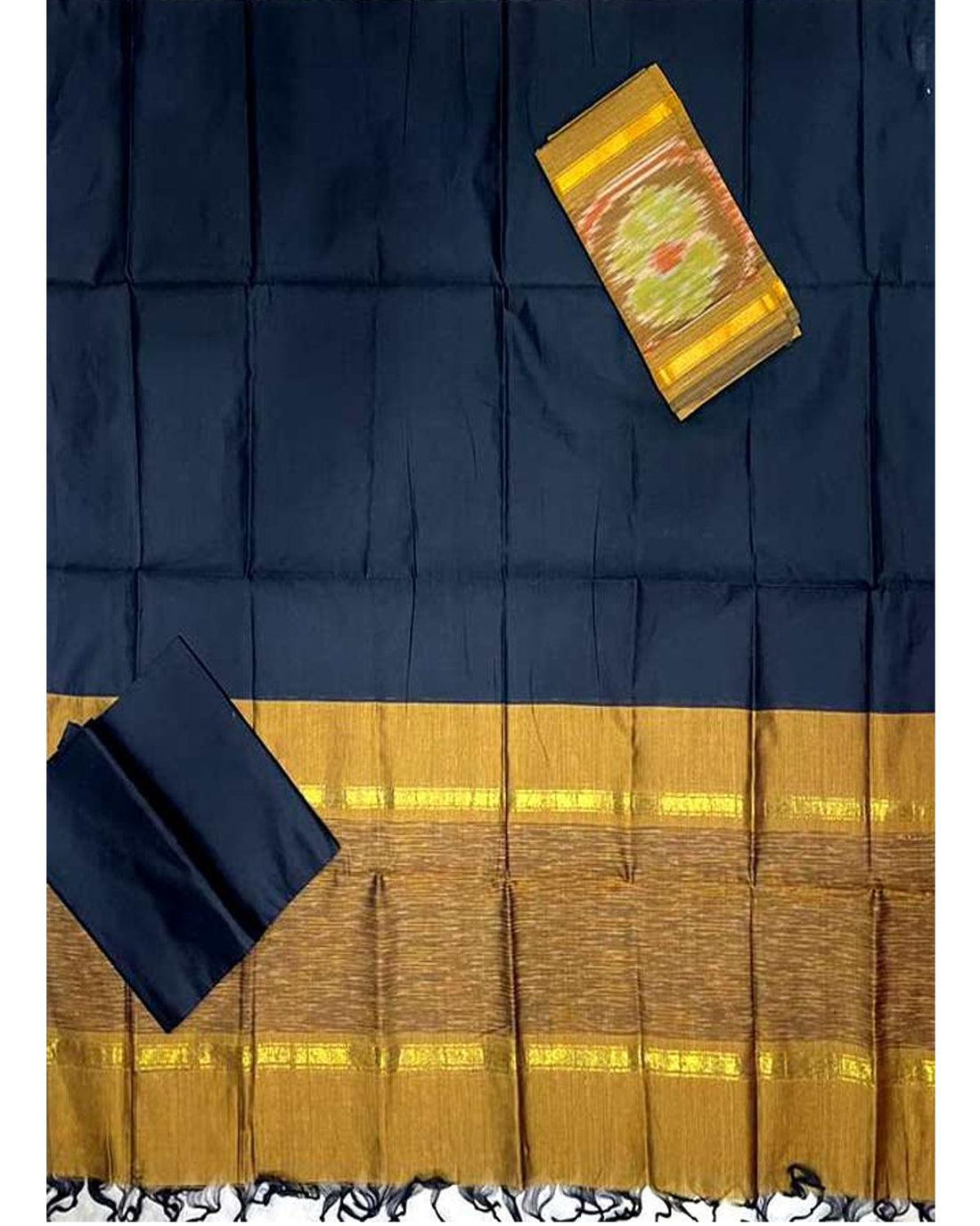POLY COTTON IKKAT BLACK WITH YELLOW COLOR DRESS MATERIAL - pochampallysarees.com