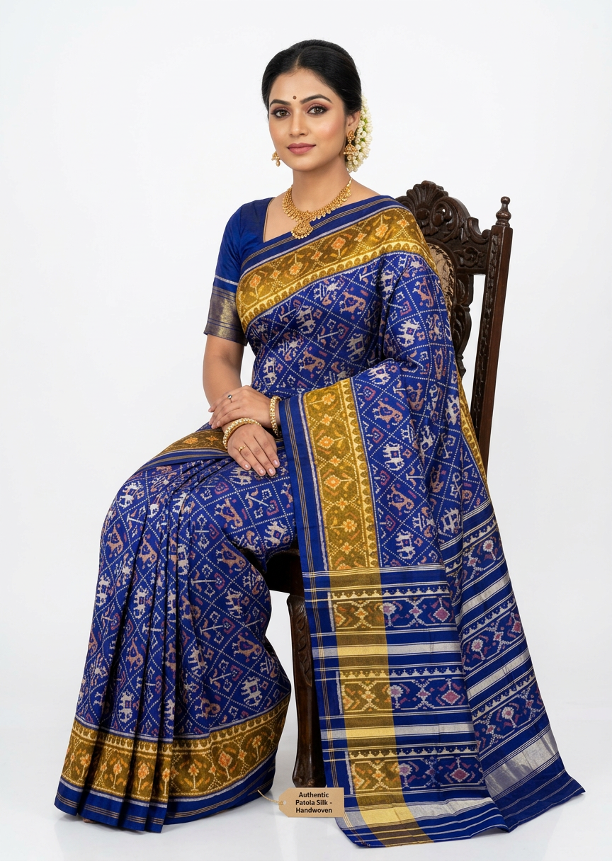 A traditional pure blue Patola silk saree showcasing cream and pink elephant and bird motifs with a gold zari border.
