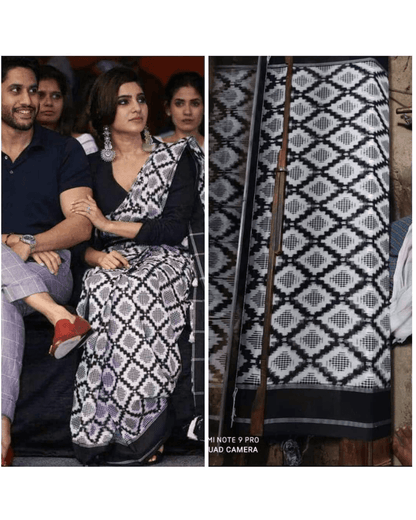 PURE COTTON BLACK AND WHITE IKKAT SAMANTA SAREE - pochampallysarees.com