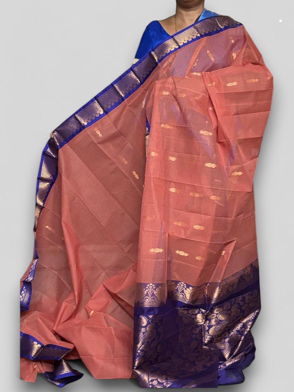 Pure Gadwal Cotton Sari Brown Blue - pochampallysarees.com