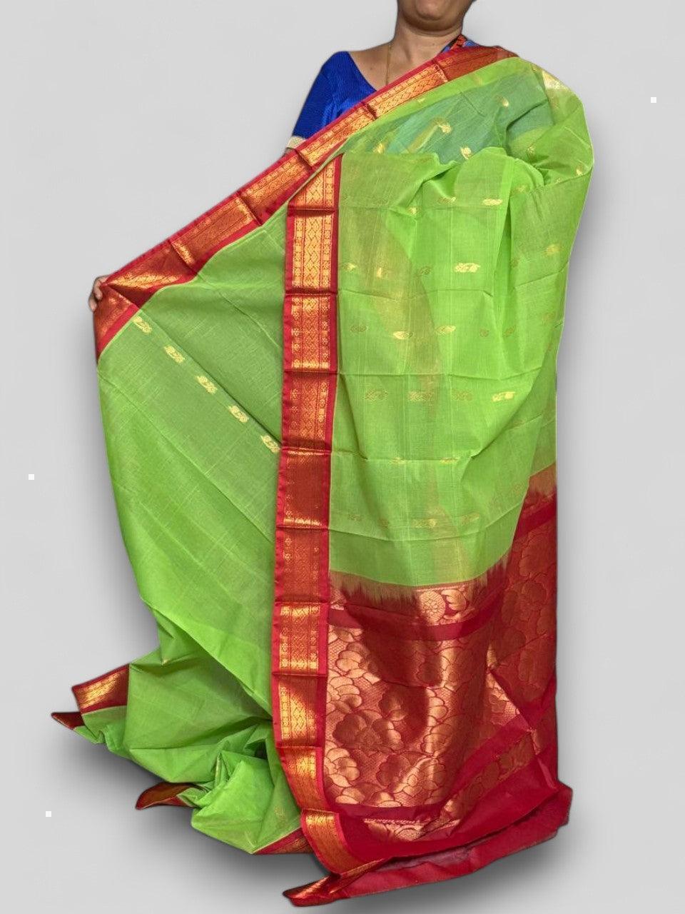 Pure Gadwal Cotton Sari Green Red - pochampallysarees.com