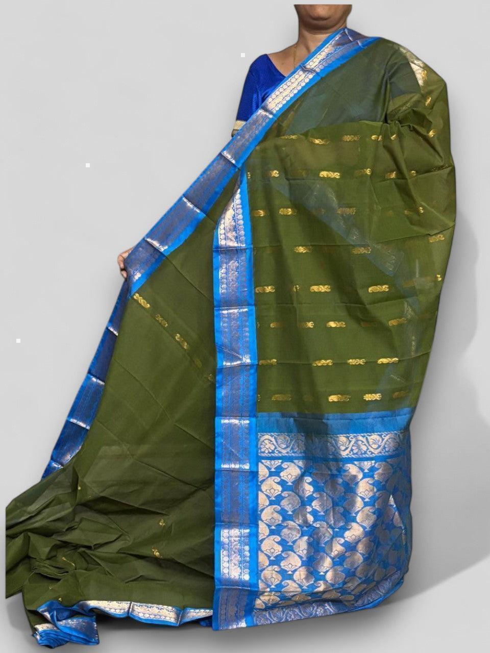 Pure Gadwal Cotton Sari Olive Green Anandablue Blue - pochampallysarees.com