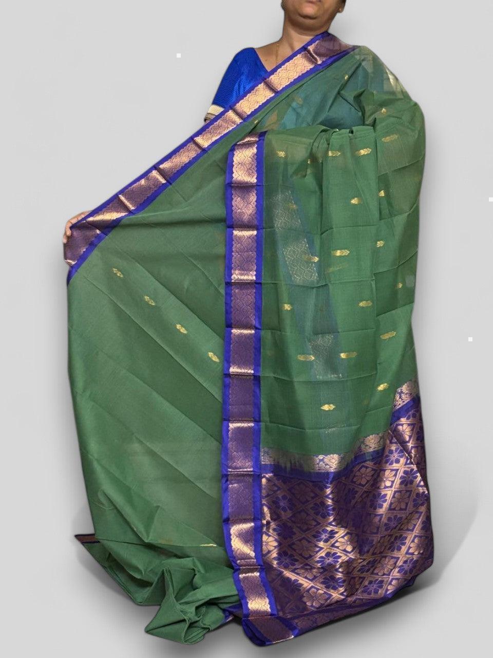 Pure Gadwal Cotton Sari Olive Green Blue - pochampallysarees.com
