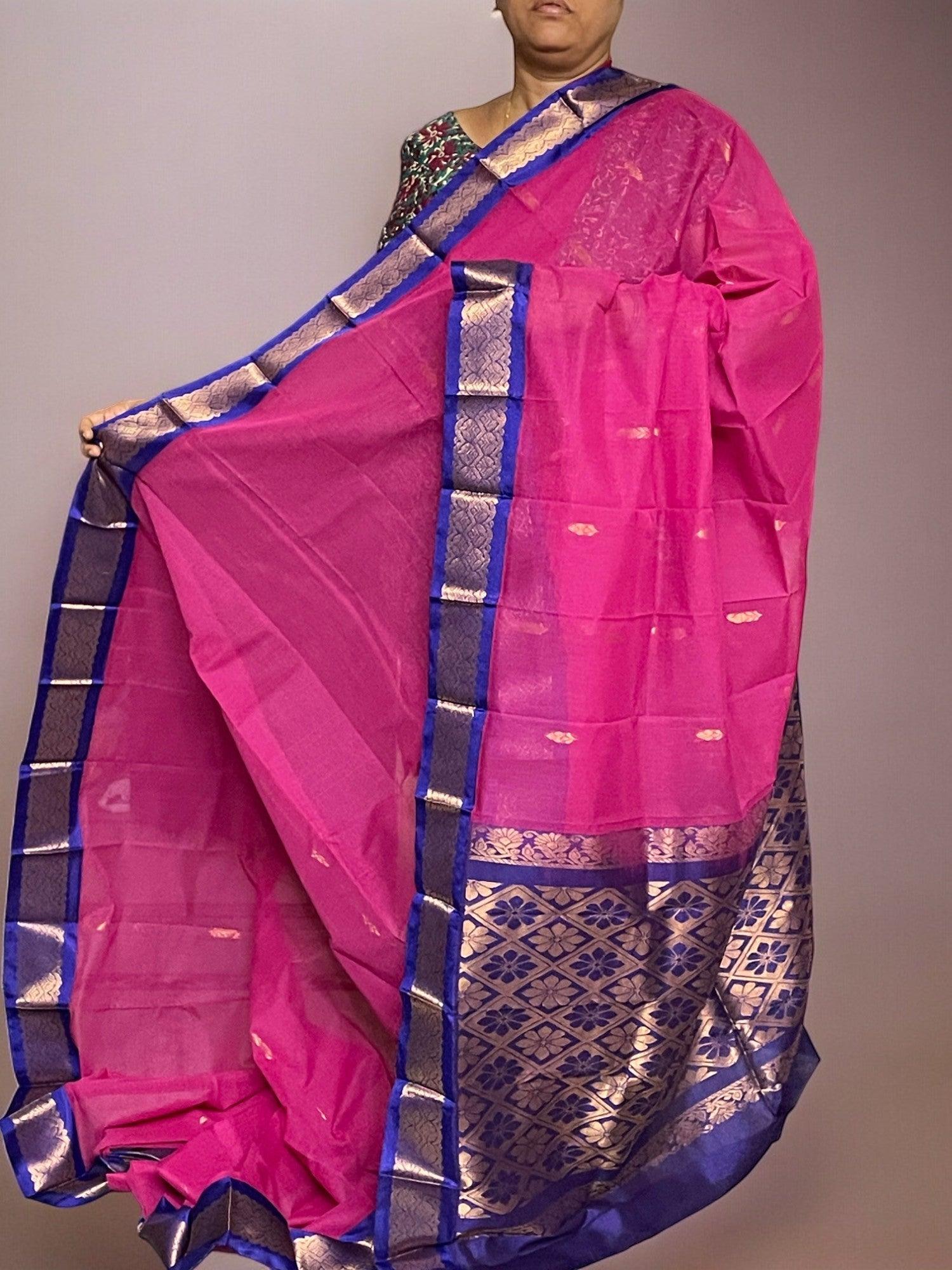 Pure Gadwal Cotton Sari Pink Blue - pochampallysarees.com