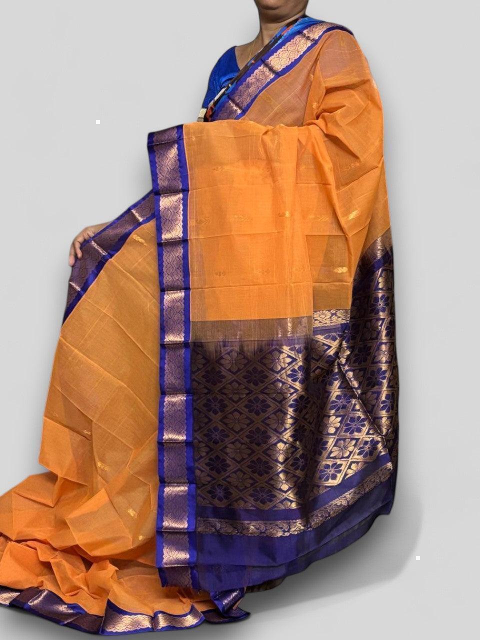 Pure Gadwal Cotton Sari Yellow Blue - pochampallysarees.com