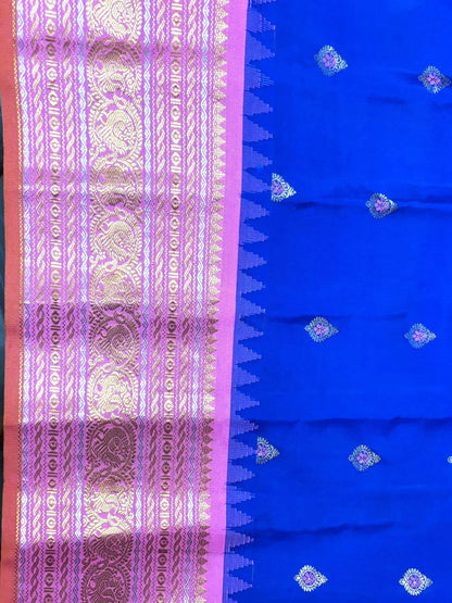 PURE GADWAL SILK BODY BUTTI BIG ZARI BORDER PALLU AND BLOUSE PINK SAREE - pochampallysarees.com