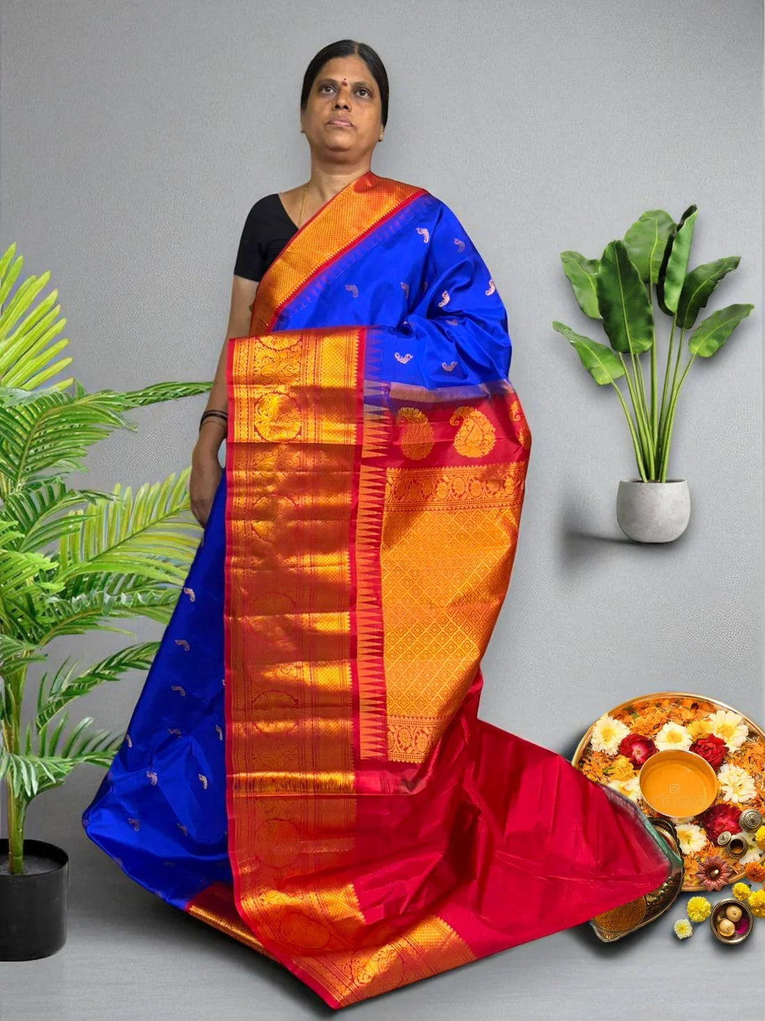 Pure Gadwal Silk Saree Blue Red - pochampallysarees.com