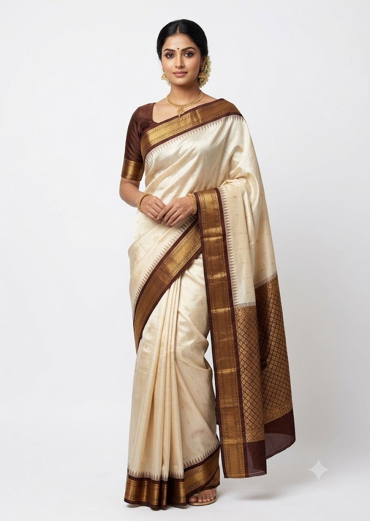 Traditional Indian woman standing against a white backdrop, elegantly draped in a pure cream Gadwal silk saree with a chocolate brown and gold zari border and matching blouse.