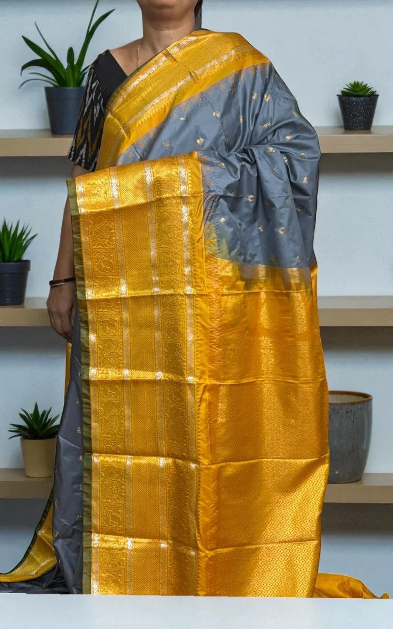 Pure Gadwal Silk Saree Gray Yellow - pochampallysarees.com