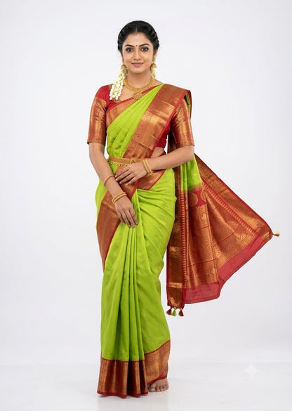 Model wearing Pure Gadwal Silk Handloom Saree in Lime Green with Maroon Zari Border