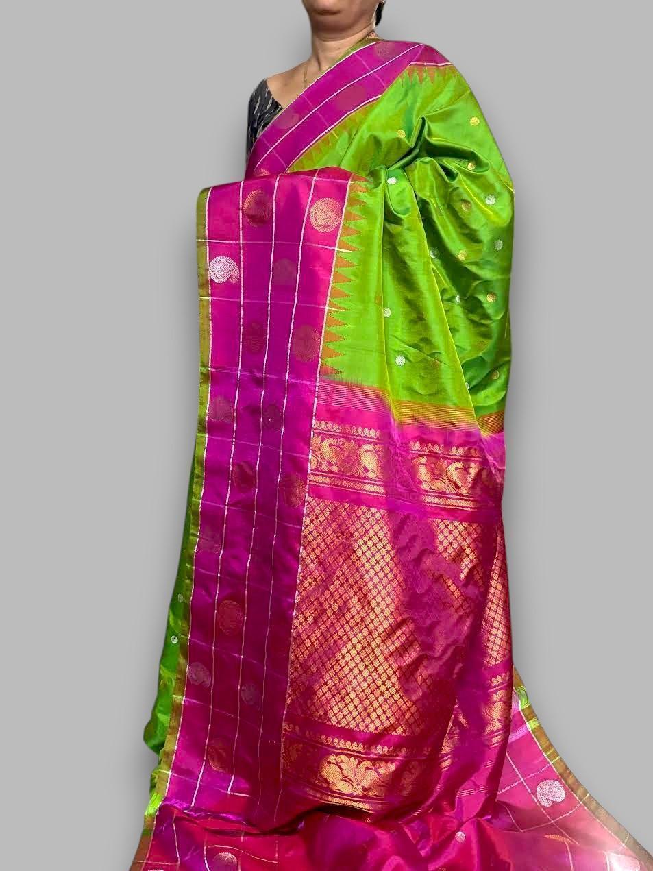 Pure Gadwal Silk Saree Parrot Green Pink Sari - pochampallysarees.com