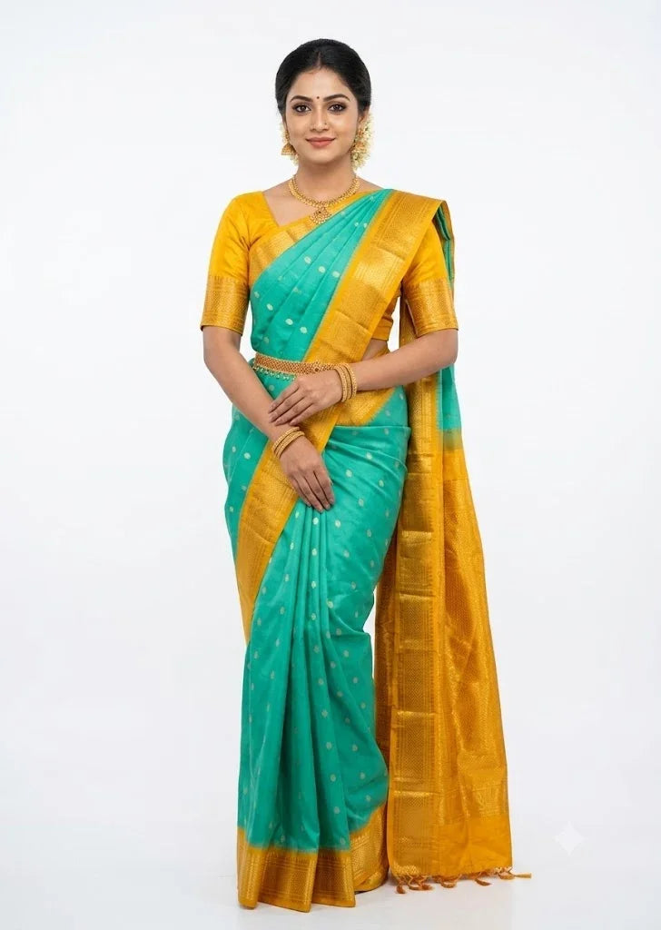 Model showcasing a full front view of a Pure Gadwal Silk Saree in turquoise blue and mustard yellow