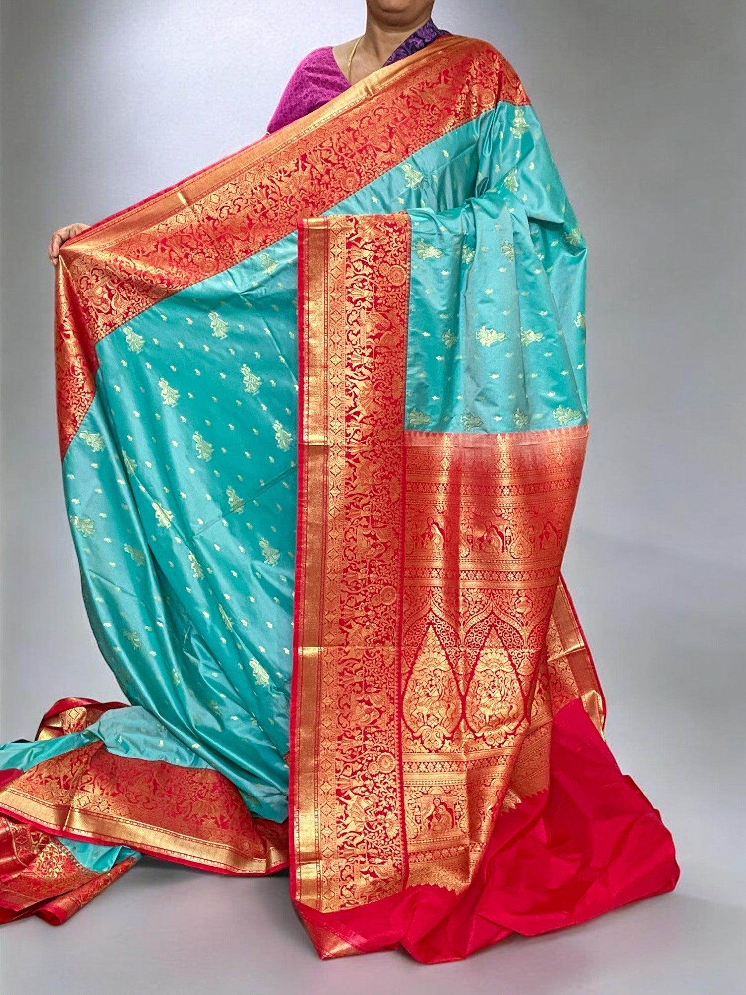 Pure Gadwal Silk Saree Woven Ananda Blue Body With Red Border - pochampallysarees.com