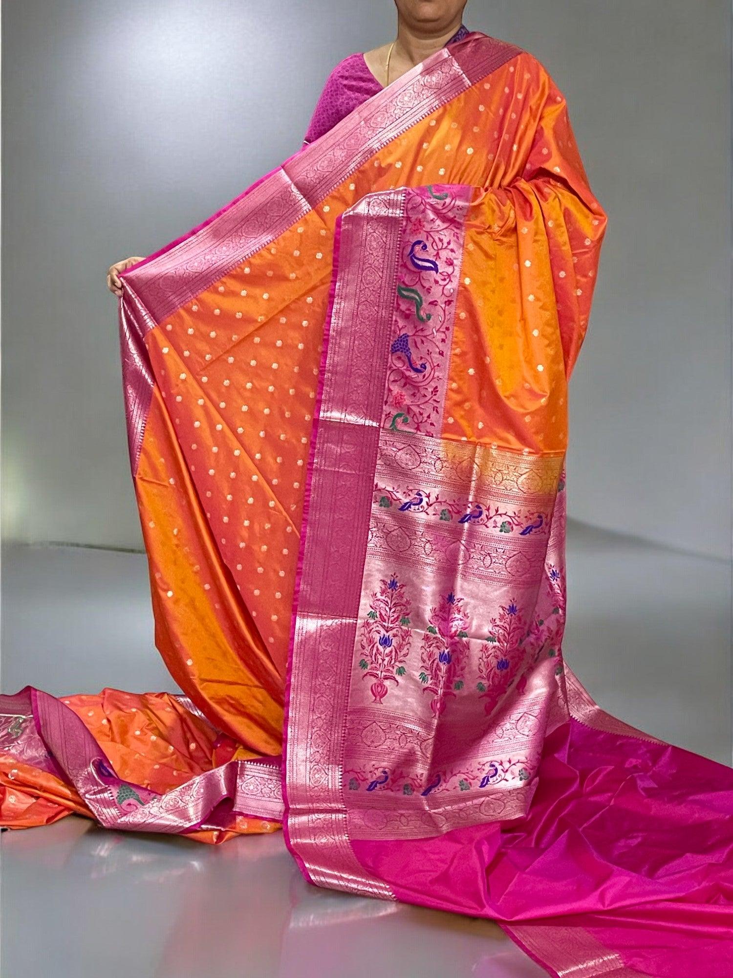 Pure Gadwal Silk Saree Woven Yellow Body With Pink Border - pochampallysarees.com