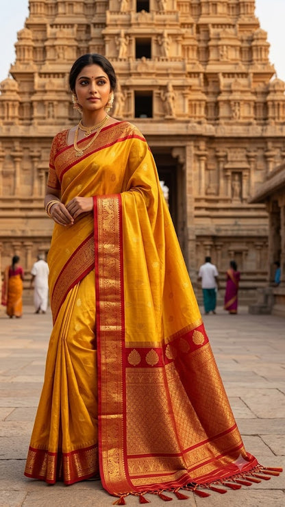 Elegant Indian model posing in front of a temple wearing a traditional yellow and red Pure Gadwal Silk Saree.