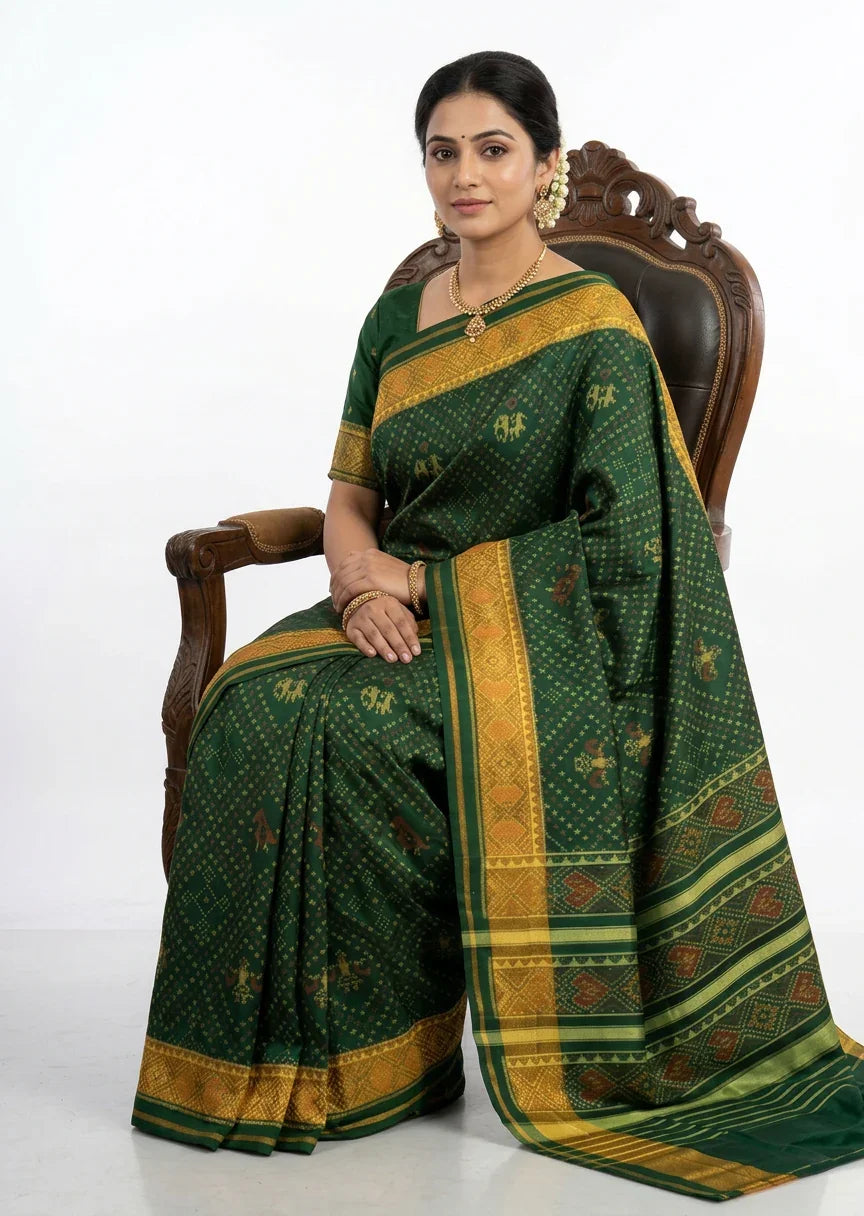 A traditional pure green Patola silk saree draped elegantly, showcasing gold elephant and bird motifs with a broad geometric zari border.