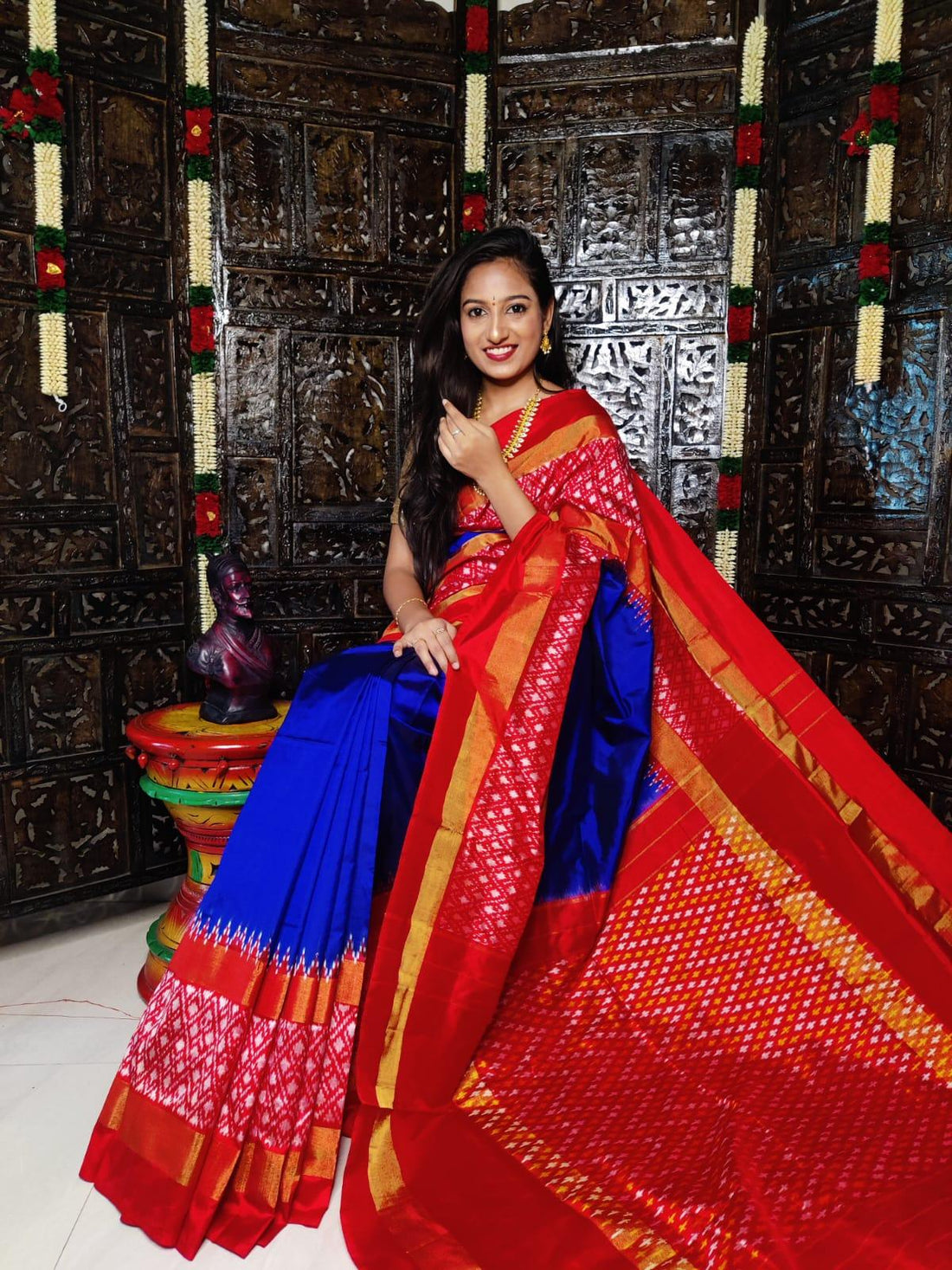 Pure Ikkat Silk Saree Blue Red - pochampallysarees.com