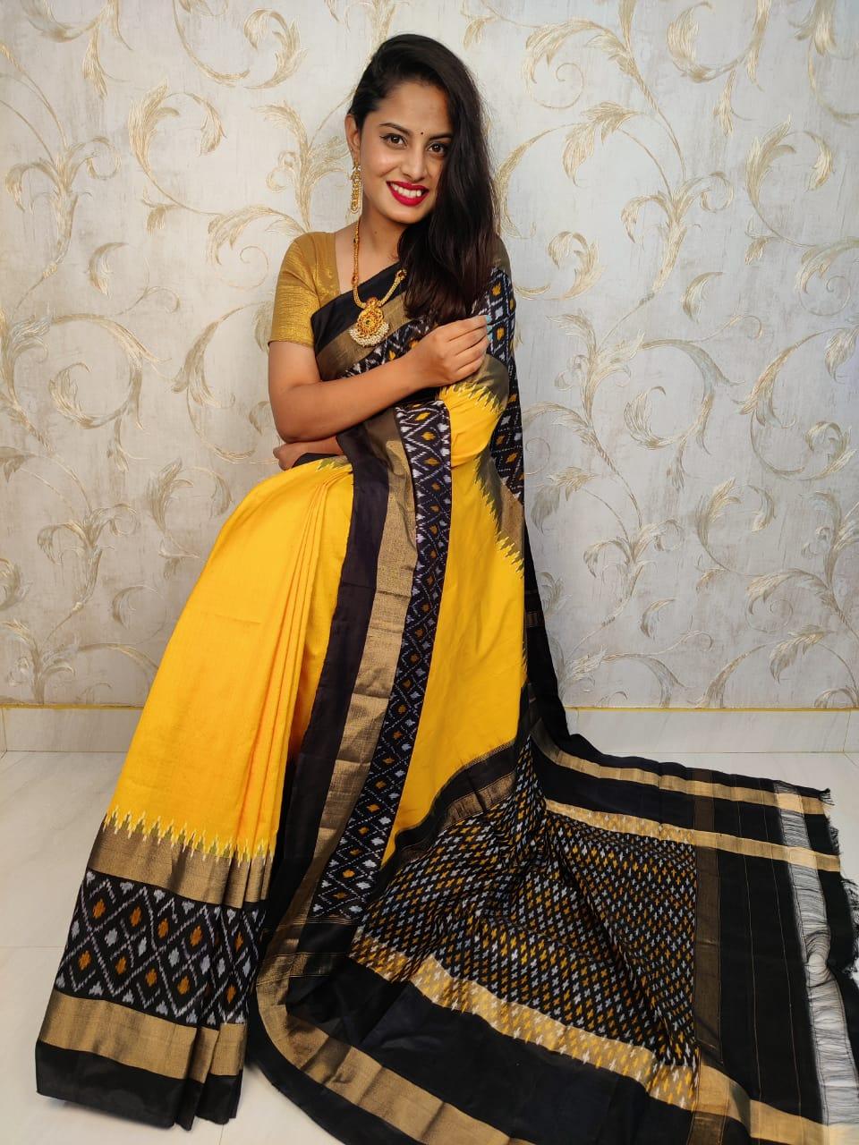 Pure Ikkat Silk Yellow Black - pochampallysarees.com