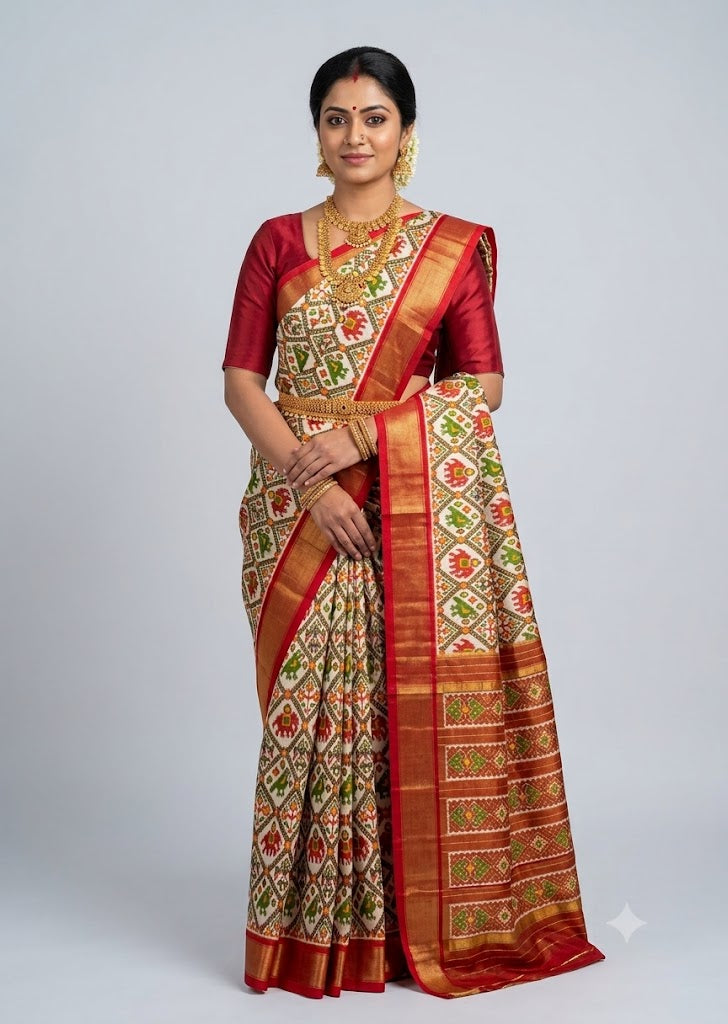 Model wearing authentic pure Ikkat tissue silk saree in cream and red with traditional gold temple jewelry