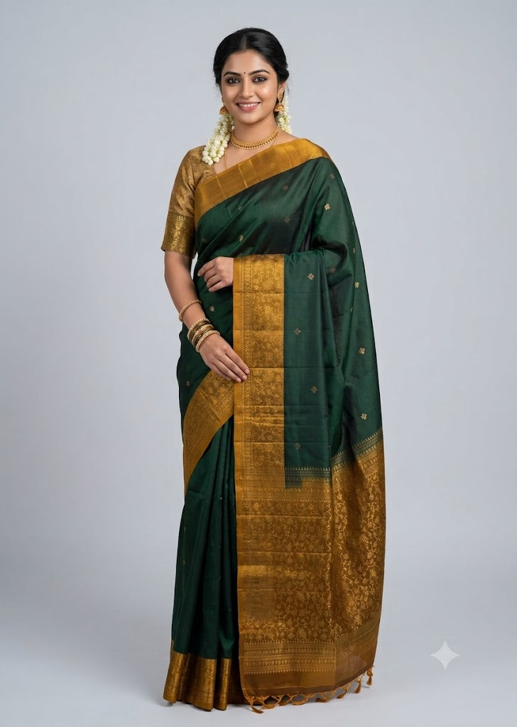 Indian woman wearing a bottle green pure Kanchi soft silk saree with rich antique gold zari border, matching gold blouse, and Silk Mark certification