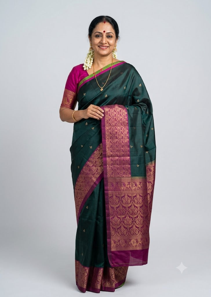Woman draped in a bottle green pure Kanchi soft silk saree featuring a rich magenta pink zari woven border and matching blouse, Silk Mark certified