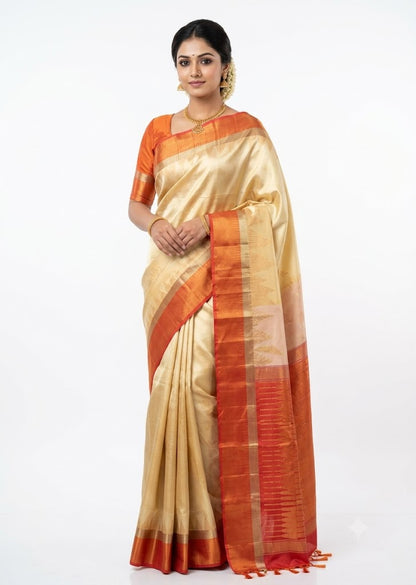 Cream and orange authentic pure Kanchi soft silk handloom saree with gold zari border