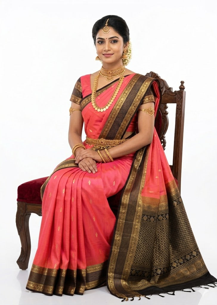 Woman wearing a pure Kanchipuram pattu saree featuring a pink silk body with gold zari motifs.