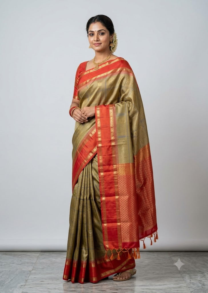 Model wearing pure Kanchipuram silk saree in sage green featuring contrast crimson red gold zari border and rich brocade pallu with Silk Mark certification.