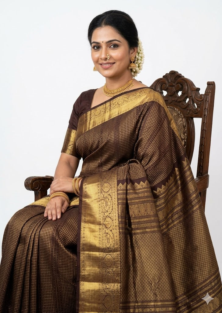 Close-up of a dark brown Kanchivaram pattu saree body featuring an intricate gold zari micro-check design and thick gold borders.