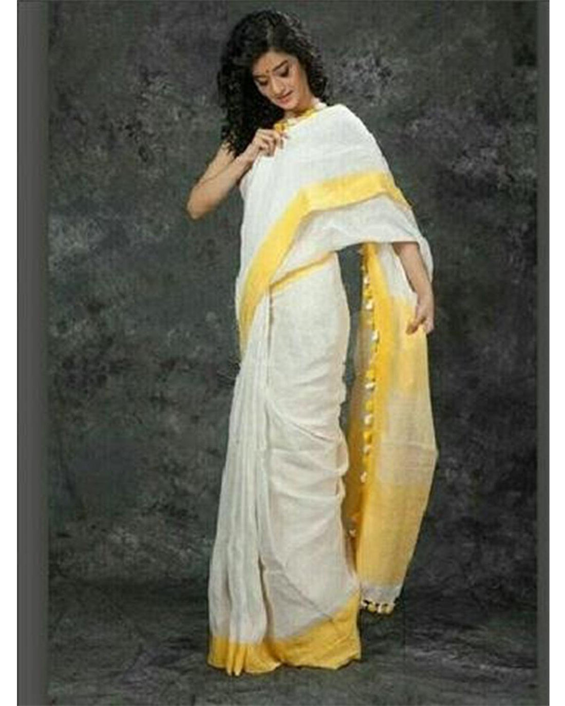 PURE LINEN WHITE WITH YELLOW COLOR SAREE - pochampallysarees.com