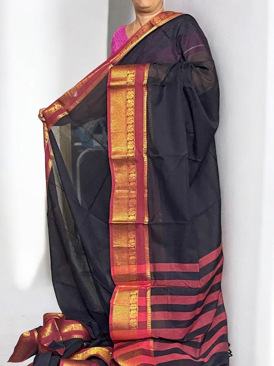 PURE NARAYANPET COTTON BLACK SARI - pochampallysarees.com