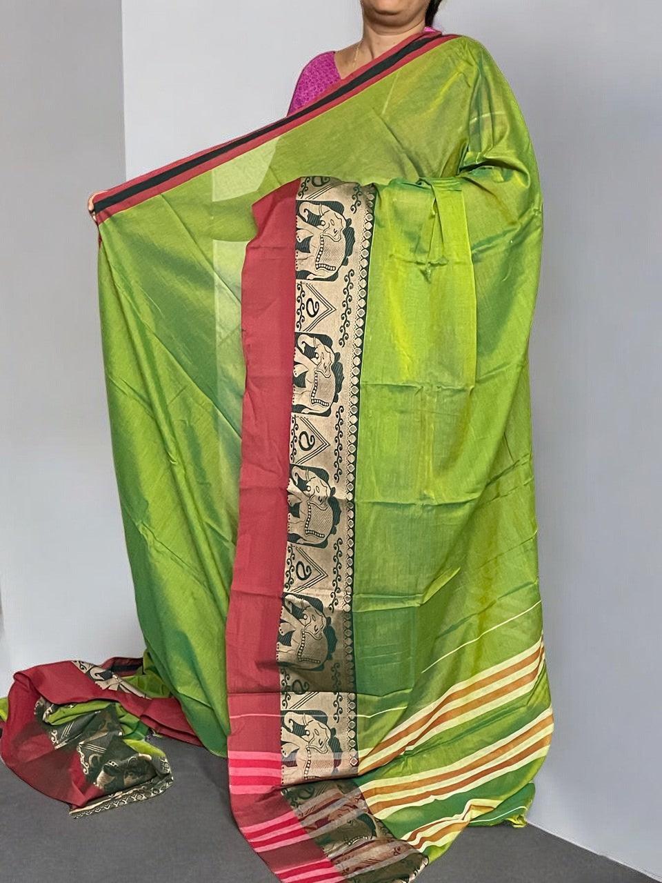 PURE NARAYANPET COTTON PARROT GREEN SARI - pochampallysarees.com