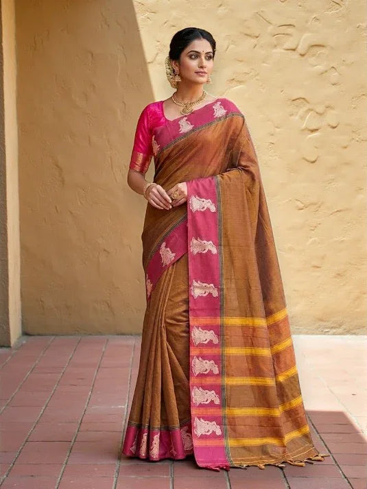 PURE NARAYANPET COTTON BROWN SARI - pochampallysarees.com