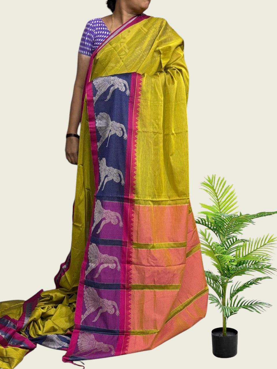 PURE NARAYANPET COTTON PLAIN OLIVE GREEN - pochampallysarees.com