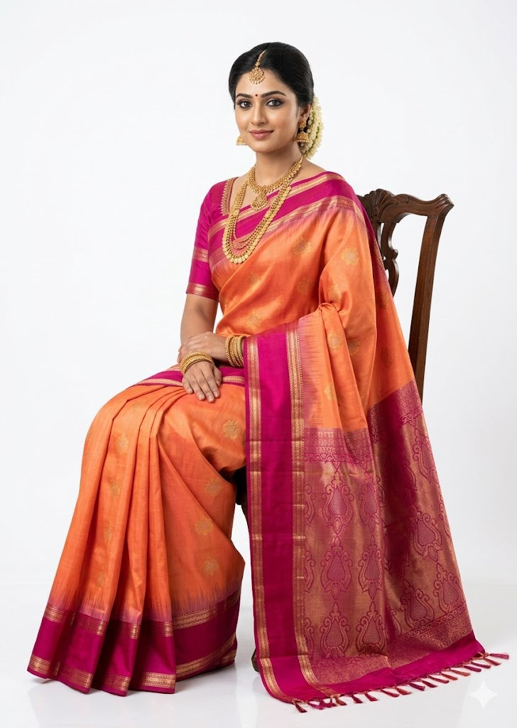 Full view of a pure orange Kanchipuram pattu saree featuring gold zari motifs and a contrasting magenta pink border