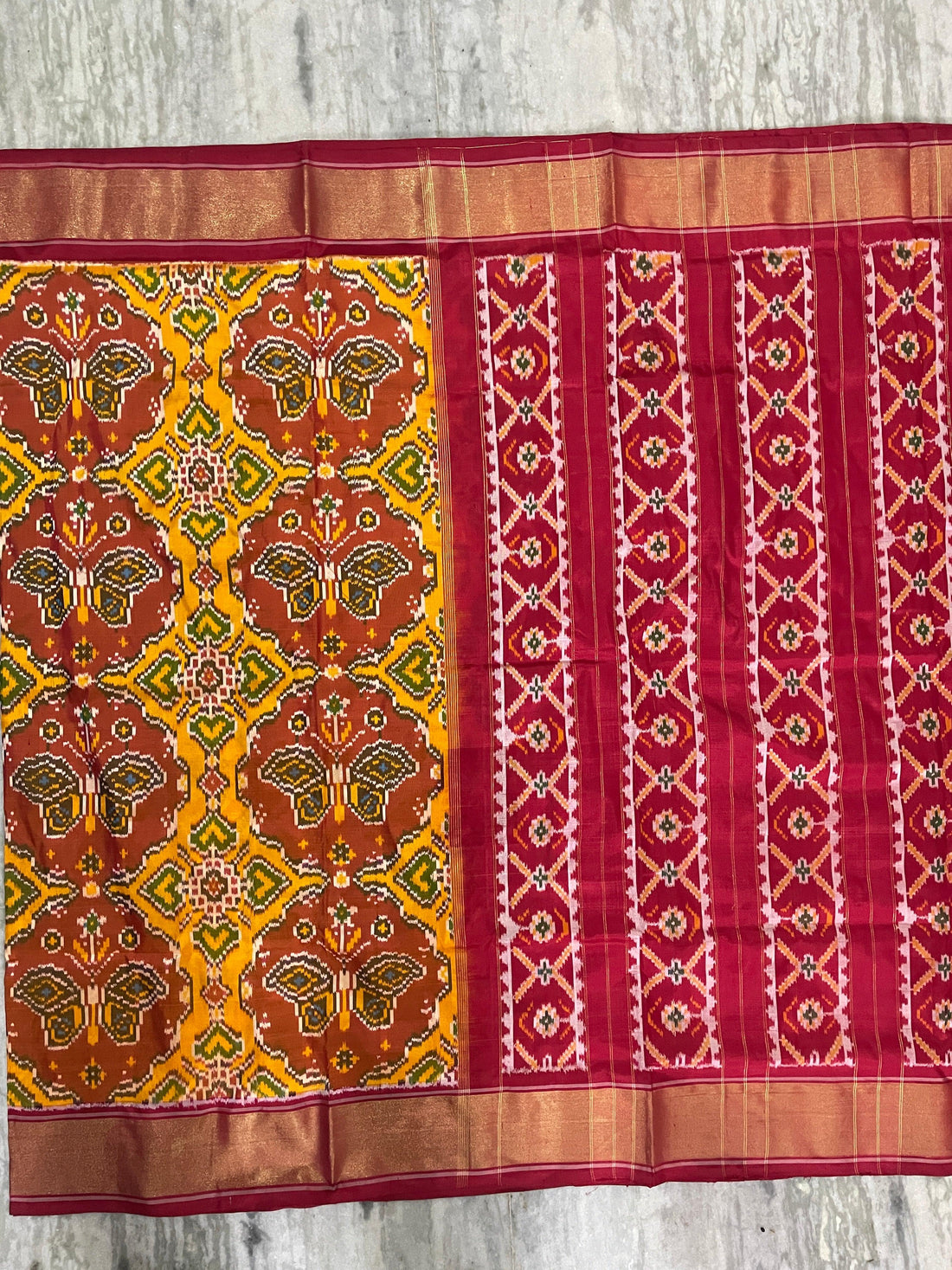     Pochampally Ikat Patola Yellow Red Sari