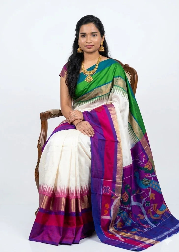 Beautiful Indian woman seated on a wooden chair wearing a traditional pure Pochampally Ikat silk saree with a cream body, purple pallu, and green border against a solid white backdrop.