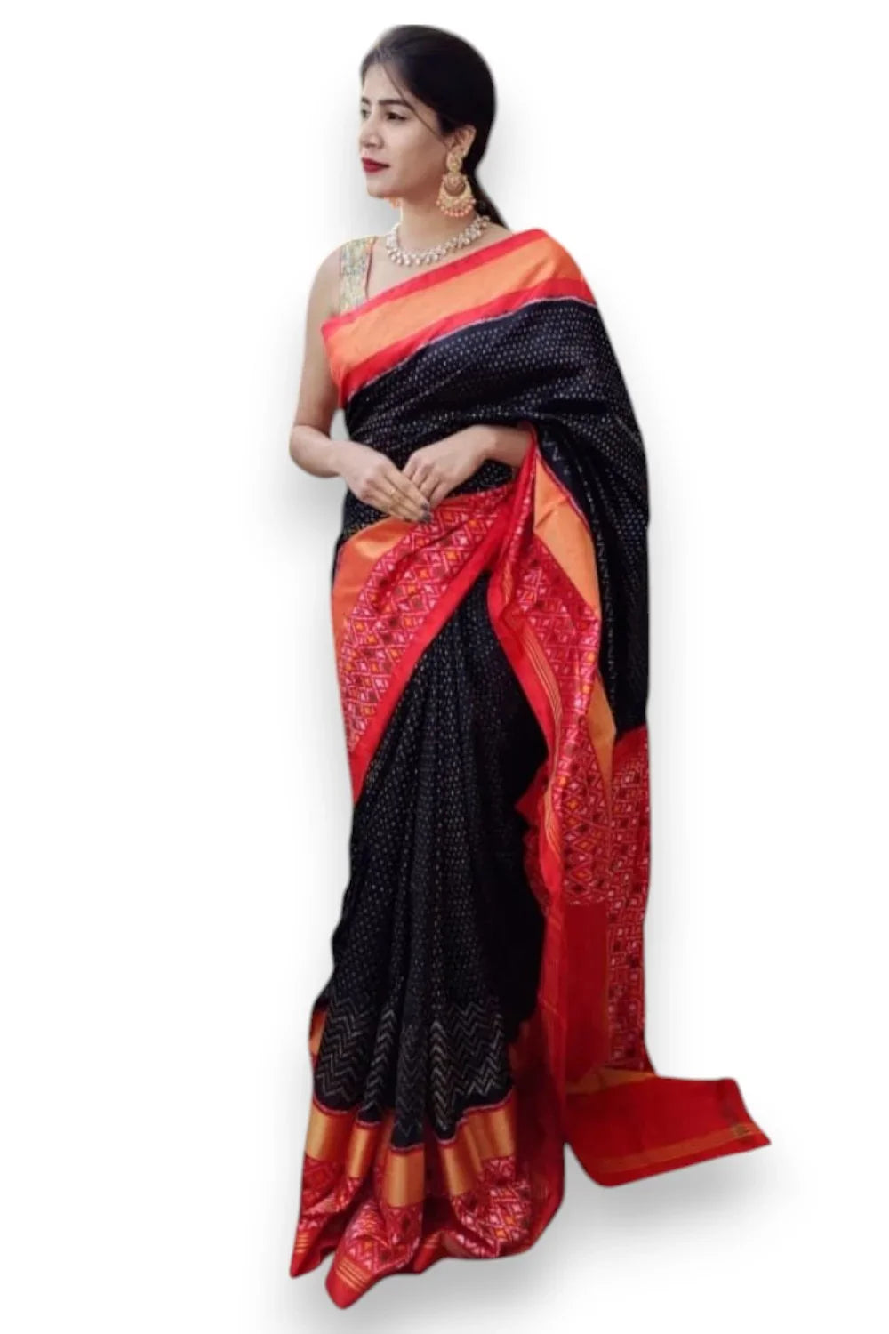 Pure Pochampally Ikkat Silk Black With Red Sari - pochampallysarees.com