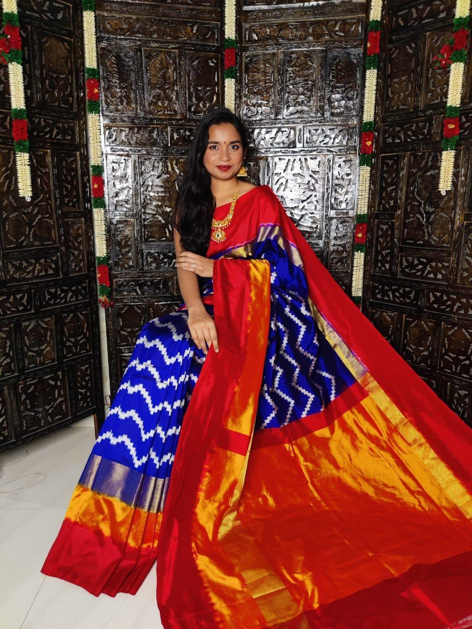 Pure Pochampally Ikkat Silk Blue Red Sari - pochampallysarees.com
