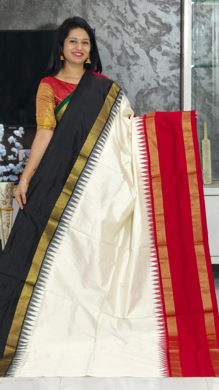 Pure Pochampally Ikkat Silk Body Color Cream Border Pallu Red, Black - pochampallysarees.com