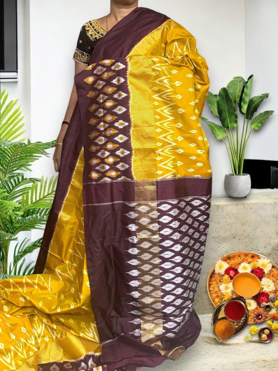 Pure Pochampally Ikkat Silk Chocolate Yellow Sari - pochampallysarees.com