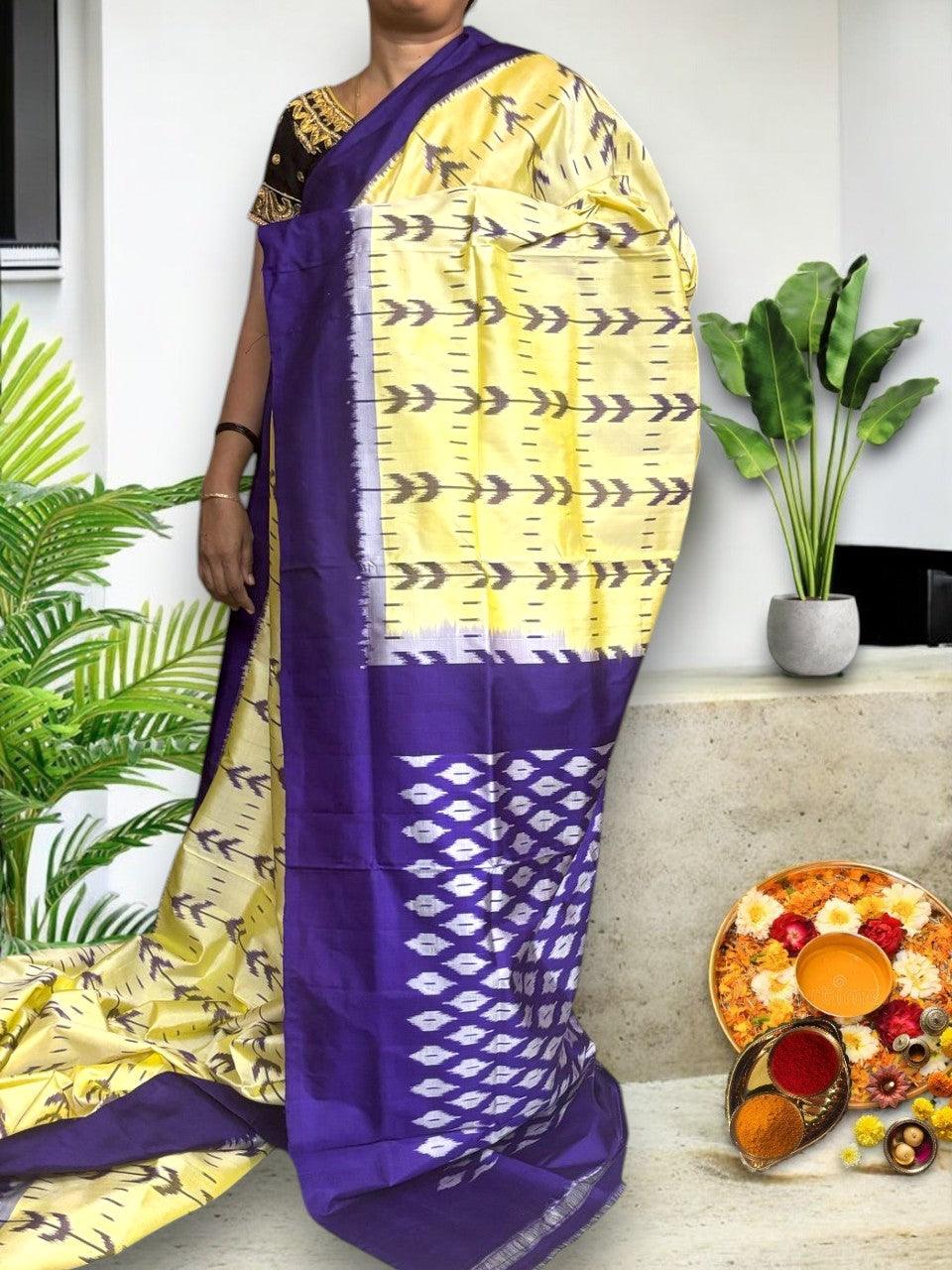 Pure Pochampally Ikkat Silk Cream Blue Sari - pochampallysarees.com