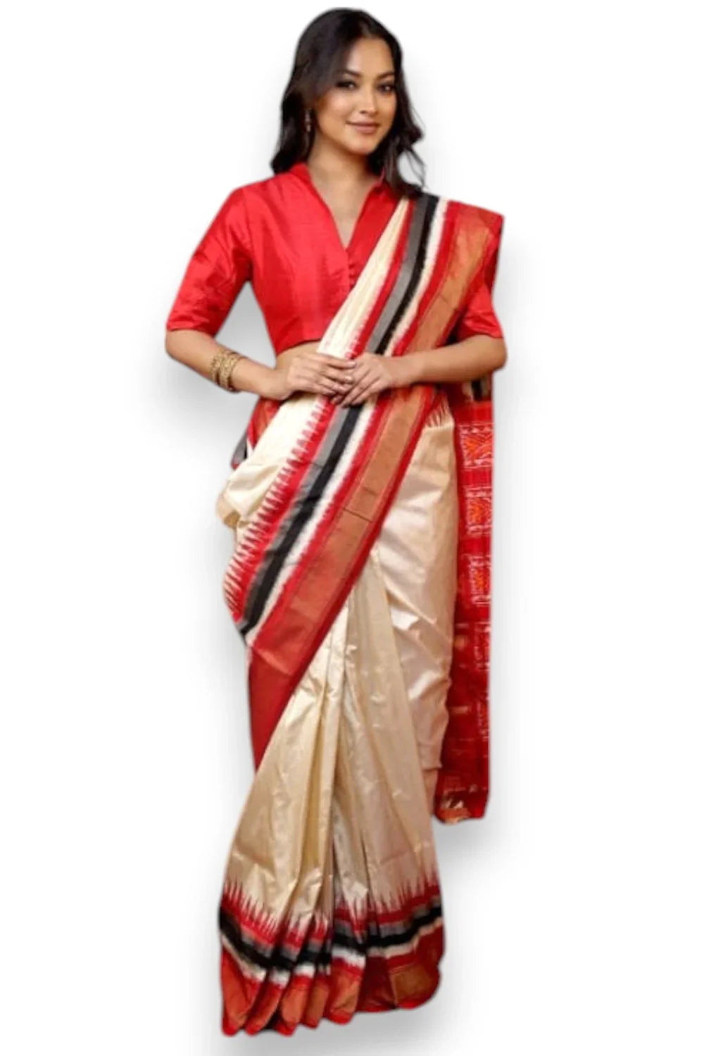 Pure Pochampally Ikkat Silk Cream With Red Sari - pochampallysarees.com