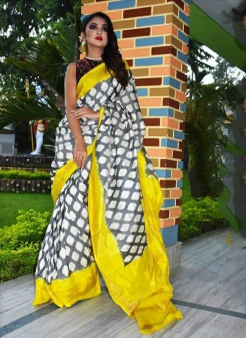 Pure Pochampally Ikkat Silk Gray Yellow Sari - pochampallysarees.com