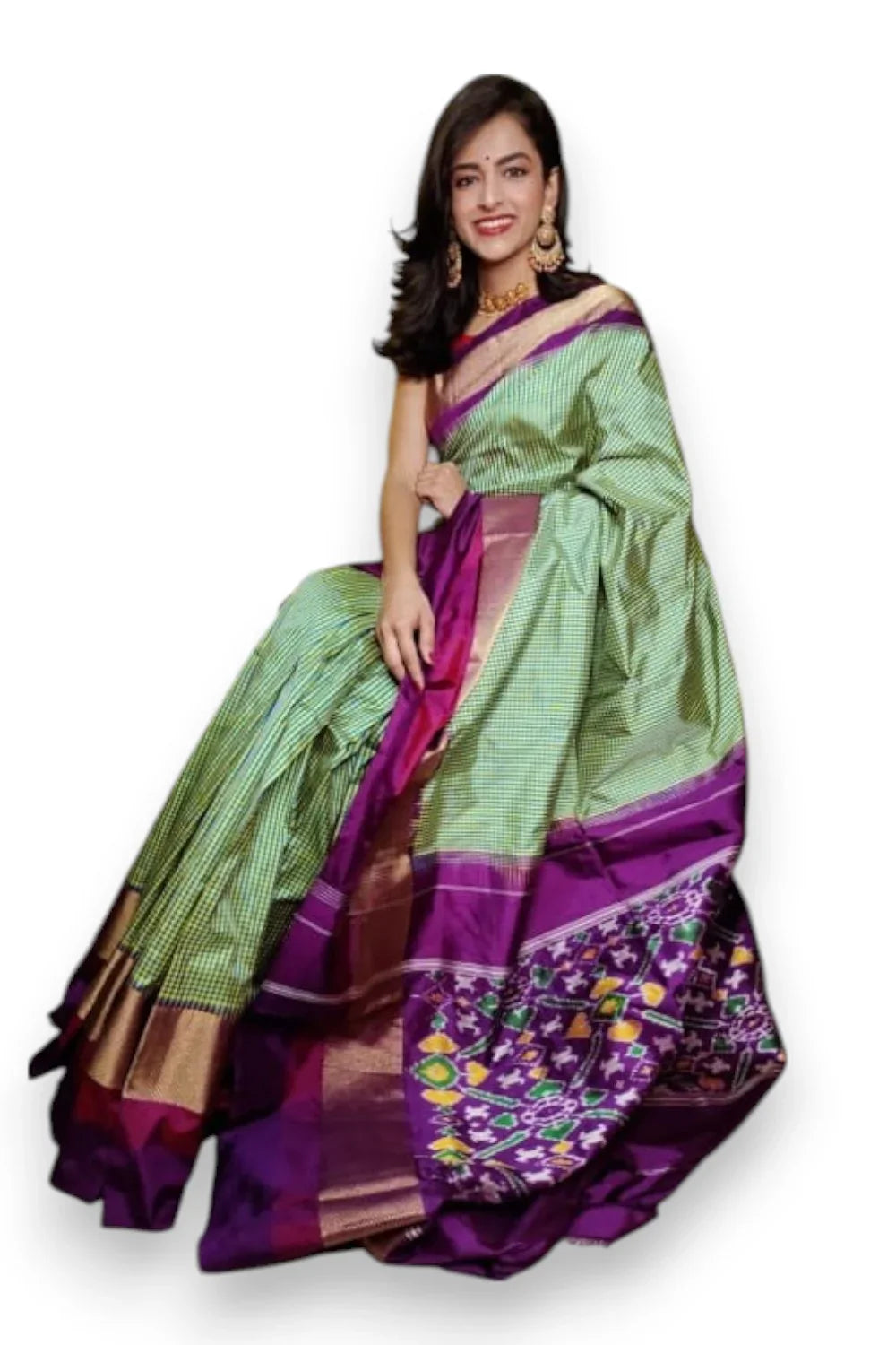 Pure Pochampally Ikkat Silk Green Checks With Purple Sari - pochampallysarees.com